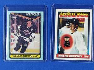 Lot of 2 Wayne Gretzky Cards 1990-91 Art Ross Trophy Winner Topps 522, 1990 Topps Smythe Division Leading Scorers