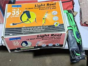 lot 811 image: Lot of (2) Shop Lights (in original packaging) - Cordtek 163 35 Light Reel 18W Fluorescent Light, Pro Glo 13W Fluorescent Worklight