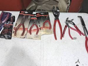 lot 893 image: Lot of (9) Pliers - Bent Nose, Long Nose, Diagonal , Needlenose, Right Angle, Slip Joint