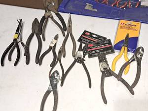 lot 895 image: Lot of (13) Pliers - Bent Nose, Long Nose, Needlenose, Snap Ring, Standard