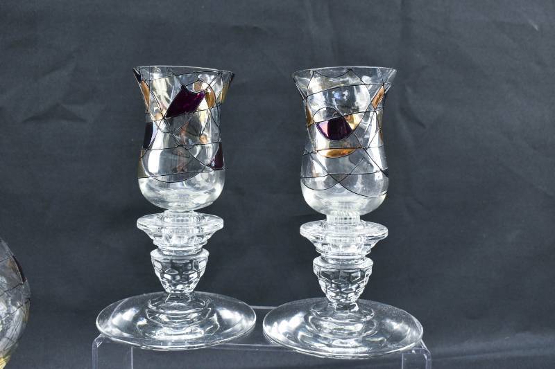 lot 209 image: 5 pc. Set of Partylite Mosaic Stained Glassware Hand Painted