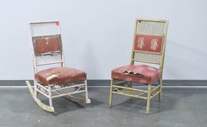 lot 131 image: Two Vintage Painted Chairs w Wicker Detailing, 1 is Rocking