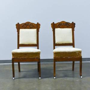 lot 115 image: Pair of Vintage Wood Chairs , Partially Upholstered