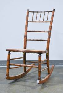 lot 120 image: Small Wooden Rocking Chair w Caned Seat