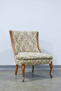 lot 121 image: Vintage Wood Accent Chair w Floral Upholstery