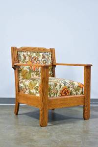lot 123 image: Mission Oak Chair w Woven Floral Upholstery