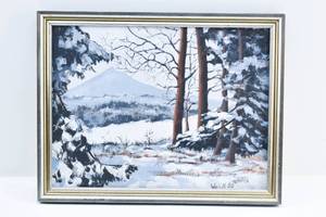 lot 81 image: 1980 Wm. L.N.. Signed Original Painting on Canvas of Snowy Landscape
