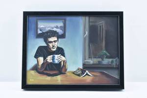 lot 82 image: Owen Normand Original Painting on Canvas of Man with Mug