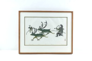 lot 62 image: Soroseelutu Ashoona Caribou & Hunter Lim. Ed. Stonecut Print
