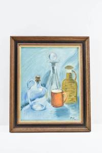 lot 63 image: 1968 Original Still Life Painting on Board of Bottles, Signed MR