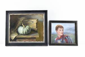 lot 87 image: Two Original Laura Tundel Paintings on Board, Pumpkin, Roman Soldier