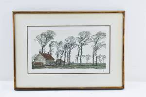 lot 144 image: Roger Hebbelinck Untitled Intaglio Print of European Farmhouse with Trees
