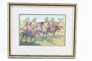 lot 148 image: Original Pastel on Paper Artwork of Native Americans on Horseback, Signed Perrin