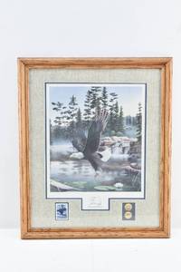 lot 157 image: Leo Stans Boundary Waters Collector Edition Offset Lithograph with Stamp and 2 Coins