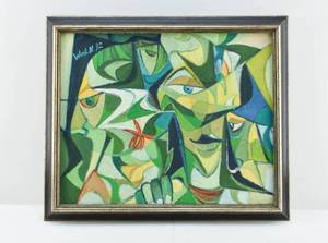 lot 216 image: Wm. L. N. Signed Oil Painting of Abstract Green Faces