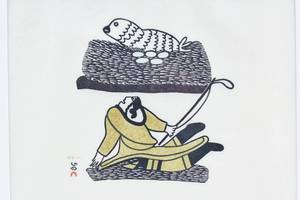 lot 232 image: Pitseolak Ashoona Woman Hunting Goose Stonecut & Stencil Print