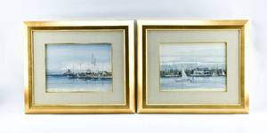 lot 266 image: 2 George Schuett Original Watercolors of Sailboats & Yacht Clubs