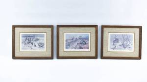 lot 352 image: 3 Small Les Kouba Lithographs Headin for Shelter, In Shelter & Leavin Shelter
