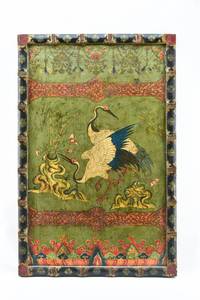 lot 294 image: Large Asian Carved Wood Panel Painted with Cranes