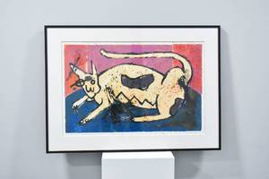 lot 307 image: Illegibly Signed Mixed Media Cat Painting