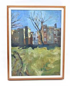 lot 217 image: Original Oil Painting on Board of Buildings and Park