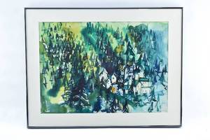 lot 373 image: Original Watercolor Painting of Mountainside Village
