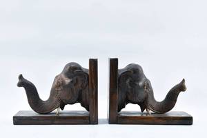 lot 255 image: Pair of Carved Wood Elephant Bookends w Inlaid Details