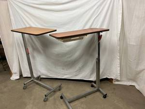 Pair Am Fab Height Adjustable Overbed Tables - One With Slide Out Double Sided Vanity Tray - Good Condition Great For TVBook Tray Or Laptop Mobile Table Too