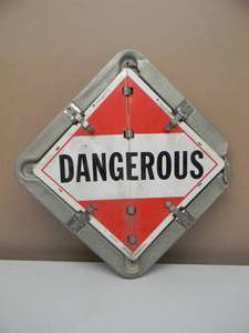 lot 4 image: Vintage Metal DOT Flip Sign Placard, Semi Truck Trailer Hazmat 9 in 1 - AWESOME PIECE - APPROX 14.5 By 14.5 - SEE PICTURES