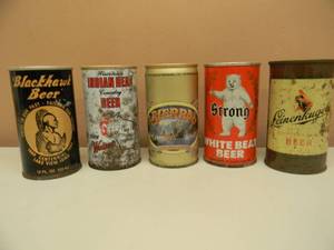 lot 8 image: COLLECTION OF VINTAGE BEER CANS - LEINENKUGELS, WHITE BEAR, INDIAN HEAD, BLACKHAWK, SIERRA - SOME VALUABLE - SEE PICTURES