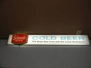 lot 12 image: VINTAGE SCHMIDT BEER - COLD BEER LIGHTED ADVERTISING BAR SIGN - THE BREW THAT GREW WITH THE GREAT NORTHWEST - WORKS -  FANTASTIC PIECE - APPROX 48 12 By 7 By 3 - SEE PICTURES