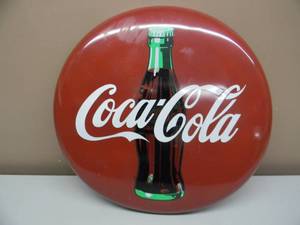 lot 13 image: VINTAGE COCACOLA BUTTON METAL SIGN - AWESOME PIECE - APPROX 20 - SEE PICTURES