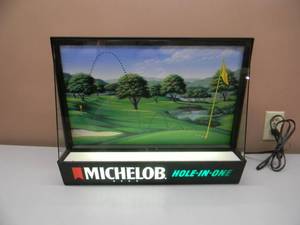 lot 30 image: VINTAGE 1993 - Michelob Beer HOLE-IN-ONE Lighted Motion Beer Sign 1995 - WORKS - FANTASTIC PIECE - APPROX 20 By 16 By 7 - SEE PICTURES
