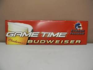 lot 43 image: VINTAGE 2003 BUDWEISER BEER GAME TIME CHICAGO FOOTBALL TIN SIGN - ORIGINAL - NICE - GREAT PIECE - APPROX 40 By 12 - SEE PICTURES