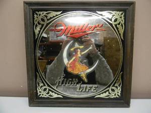 lot 44 image: VINTAGE 1979 MILLER HIGH LIFE LADY ON THE MOON BAR SIGN  MIRROR - ORIGINAL - NICE - GREAT PIECE - APPROX 15 By 15 - SEE PICTURES