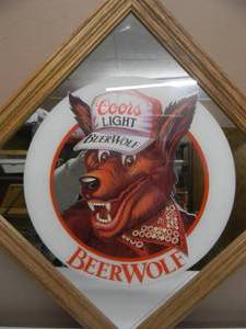 lot 45 image: VINTAGE 1986 COORS LIGHT BEER WOLF BAR SIGN  MIRROR - ORIGINAL - NICE - FANTASTIC PIECE - APPROX 17 By 17 - SEE PICTURES