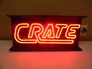 lot 47 image: VINTAGE - CRATE Amplifier Company Original Early Red Neon Sign - Old School Vintage Rock & Roll - WORKS - GREAT PIECE - APPROX 22 By 10 - SEE PICTURES