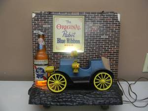lot 55 image: Vintage - Rare PABST BLUE RIBBON BEER JALOPY CAR LIGHTED MOTION SIGN - Lights & Motion Working - FOR REPAIR OR PARTS  - SEE PICTURES