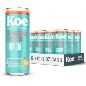 lot 167 image: Koe Kombucha Cans, Tropical  Organic Sparkling Fruit Drinks With Live Probiotics and Vitamin C  12 oz Pack of 12