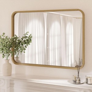 lot 188 image: NEW WallBeyond 30 x 42 Round Corner Wall Mirror, Natural Wood Pine