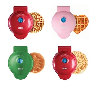 lot 196 image: NEW Dash Holiday Mini Maker Set of 4, Heart, Gingerbread and Christmas Tree Mini Waffle Maker