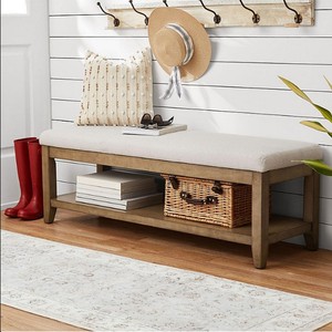 lot 197 image: NEW Westport Beige Fabric Upholstery and Wood Bench with Lower Storage Shelf