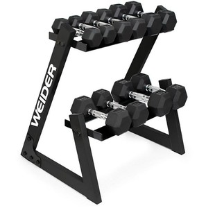 lot 212 image: NEW Weider 100 Lb. Dumbbell Set with 2-Tier Storage Rack