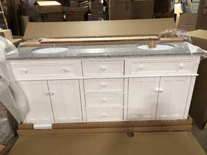 lot 2 image: Home Decorators Collection  Fremont 72 in. W White Double Vanity with Gray Granite Vanity Top and undermount sinks, Open Box, review all pictures