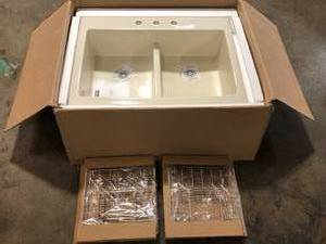 lot 14 image: BOCCHI Nuova Biscuit Fireclay 34 in. Double Bowl Drop-In Apron Front Kitchen Sink with Protective Grids and Strainers