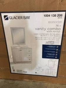 lot 17 image: Glacier Bay  Bannister 36.5 in. W x 18.75 in. D x 37.53 in. H Single Sink Bath Vanity in White with White Top and Mirror Customer returns Review all pictures