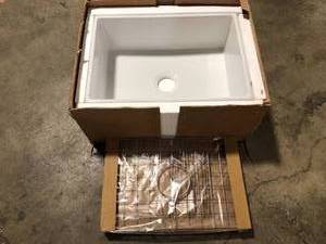lot 24 image: Farmhouse Apron-Front Fireclay 27 in. Single Bowl Kitchen Sink in White with Bottom Grid customer return review photos