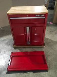 lot 6 image: Husky  Ready-to-Assemble 24-Gauge Steel 1-Drawer 2-Door Garage Base Cabinet in Red (28 in. W x 33 in. H x 18 in. D), Open Box, Customer return, Review all pictures