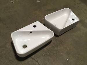 lot 12 image: Swiss Madison  Plaisir 18 in. x 11 in. Ceramic Wall Hung Vessel Sink with Right Side Faucet Mount in White, Customer returns, Review all pictures