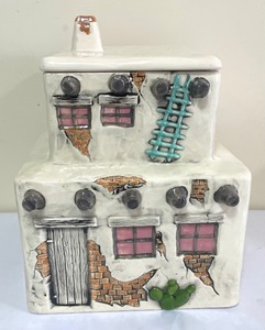 lot 148 image: 3 Piece Vintage Adobe Southwestern Style Casita Pueblo House Canister and Tissue Box Set